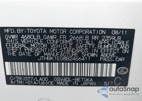 2011 Lexus Es 350 from USA, damaged, VIN JTHBK1EG8B2466411